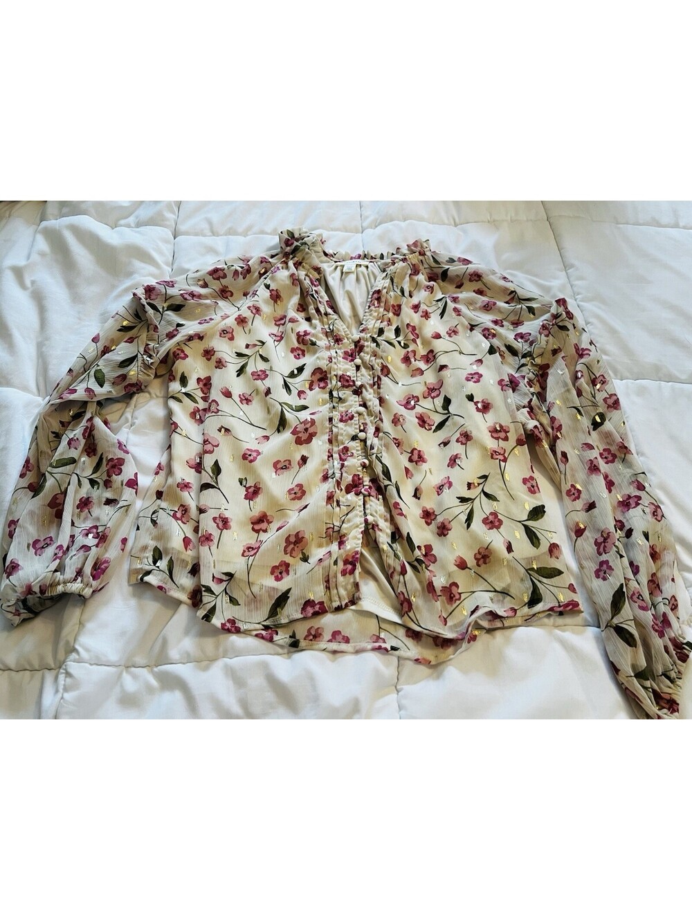 Tamara H. Floral Ruffle Button Blouse Ivory Pink Long Sleeve Medium Polyester